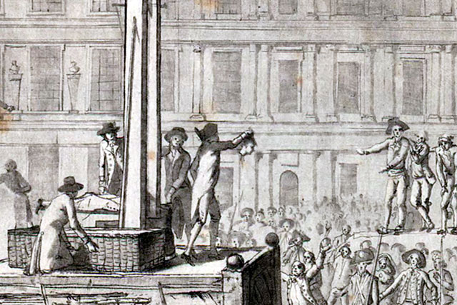 18 octobre 1792, pour les frères Mascard, on mit en usage la machine à couper la tête des criminels - © Gallica-BnF